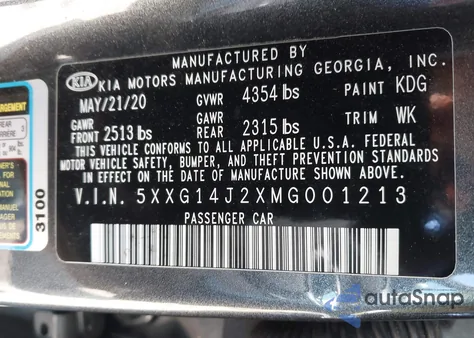 2021 Kia K5 Lxs из США, поврежденный, VIN 5XXG14J2XMG001213